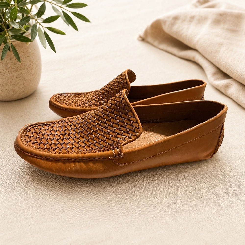 Donald Pliner Damiano34 Mens Woven Leather Driving Loafers Tan Brown Size 13M